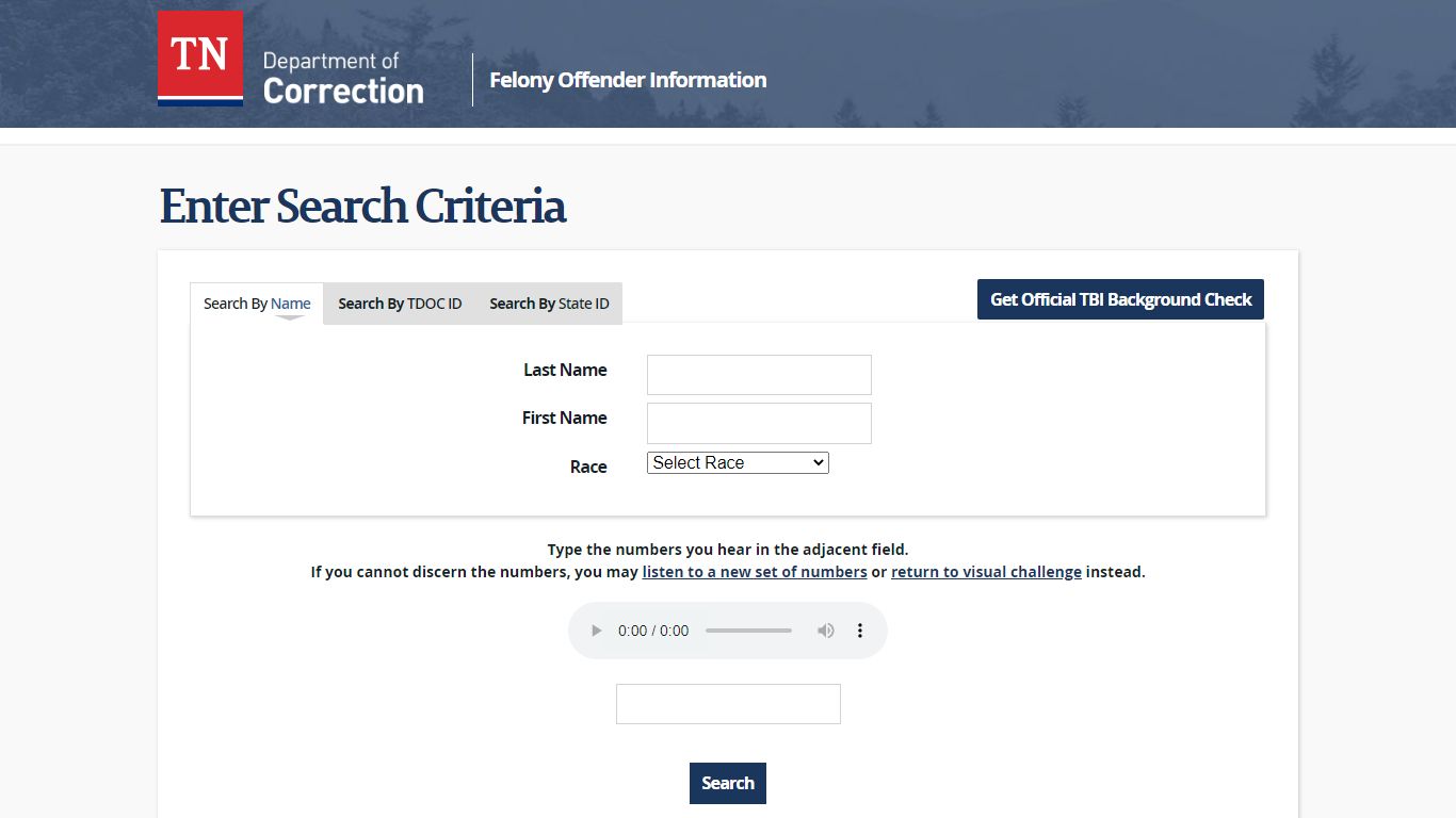 Search by Audio - Tennessee Felony Offender Information